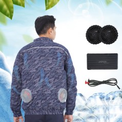 Áo điều hòa hai lớp cao cấp màu xanh loang có dải ghi phản quang ADH01, Size M - Full bộ (áo + pin, quạt)